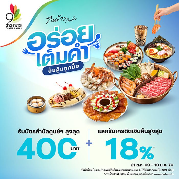 รับบัตรกำนัลศูนย์การค้าสูงสุด 400 บาท* + แลกรับเครดิตเงินคืนสูงสุด 18%**